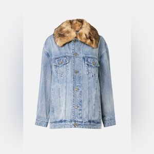 Michael Kors Denim Long Jacket With Fur Collar
